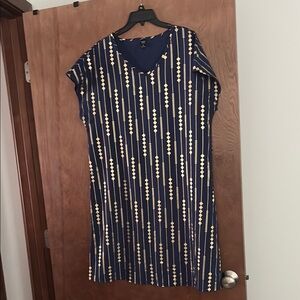 Blue and White V-Neck Sheath Midi Dress